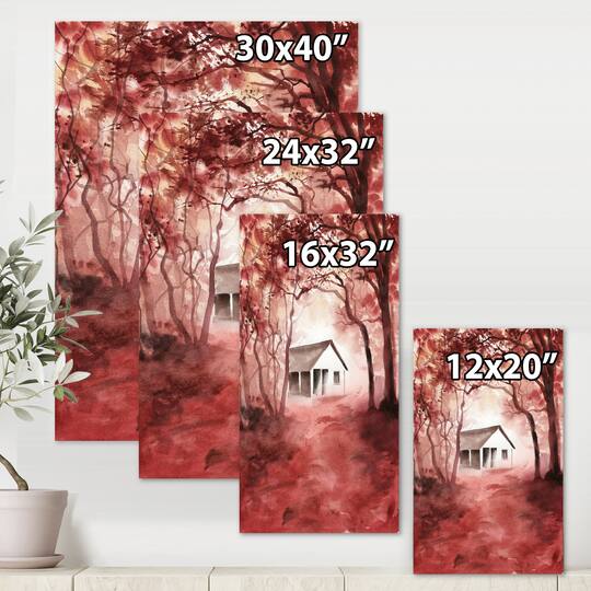 Designart - House In Red Autumn Woods - Cabin & Lodge Canvas Wall Art Print
